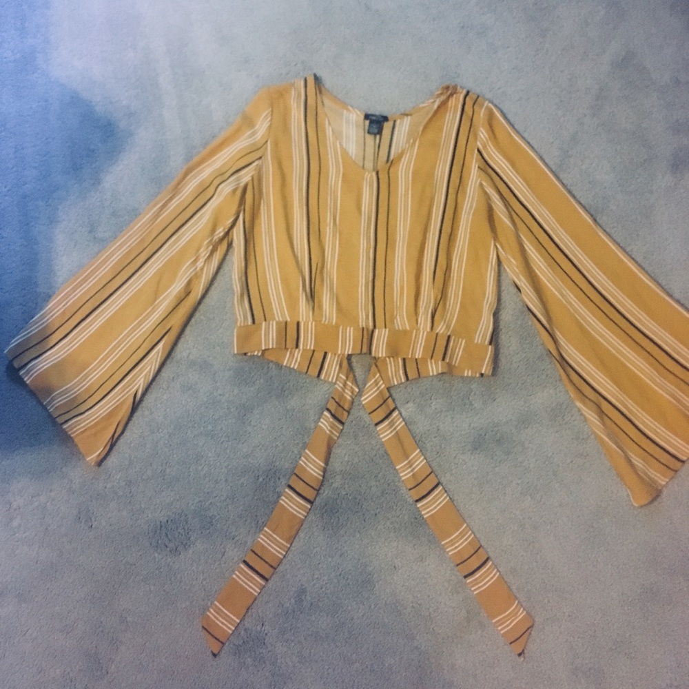 Yellow and Black Striped Crop Top with Bell Sleeve
